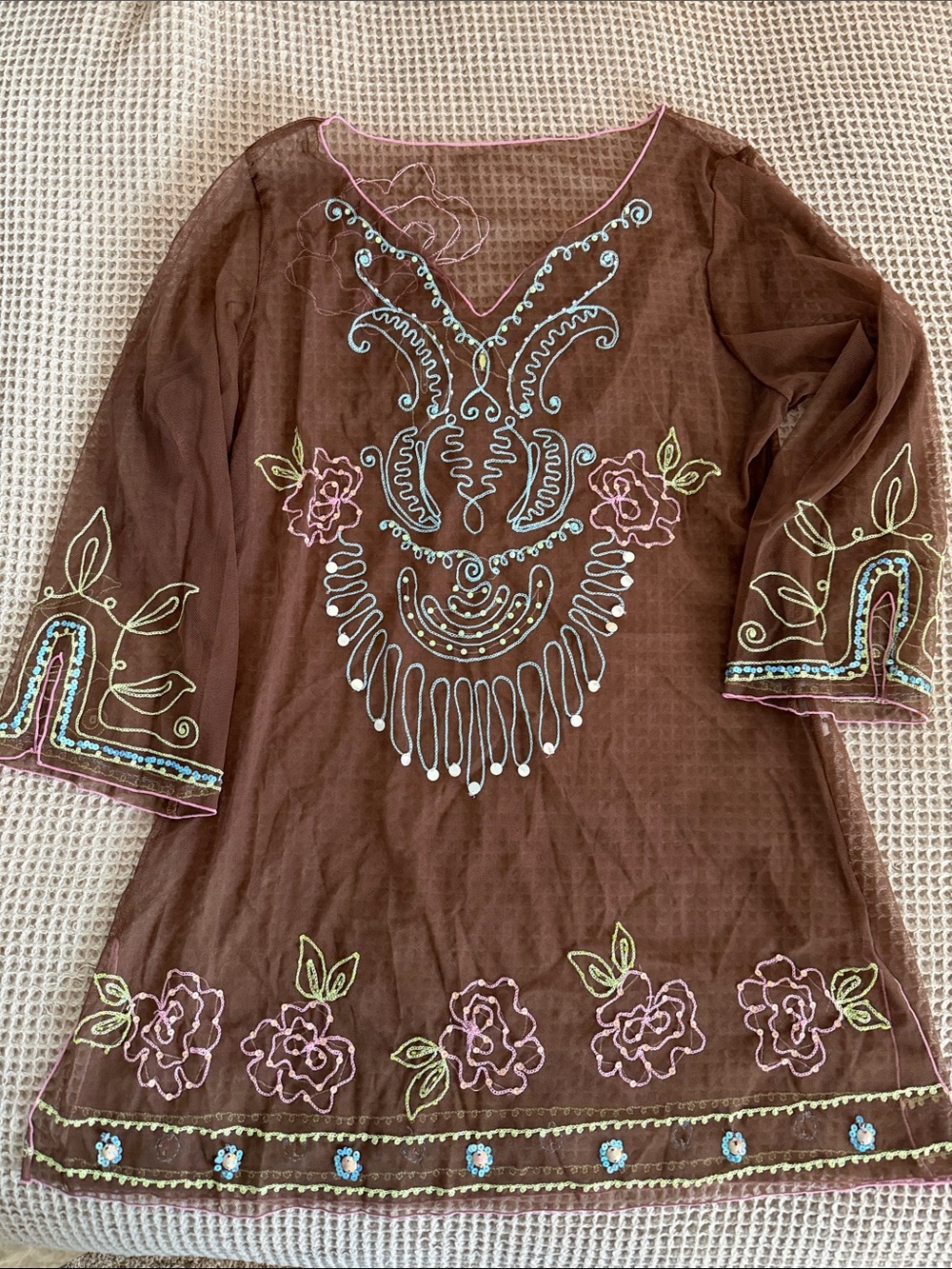 Brown Embroidered V-Neck Tunic Top with Floral Accents